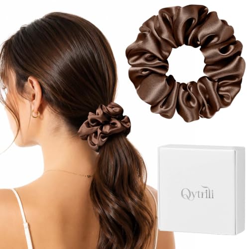 Silk Scrunchie 1.4" Medium Wide 6A 22 Momme 100% Mulberry Silk Hair Ties,Gentle on Hair No Damage No Crease for Women Girls Curly Thick Wavy Hair,Sample Fabric Provided (1, Brown) - color: Brown