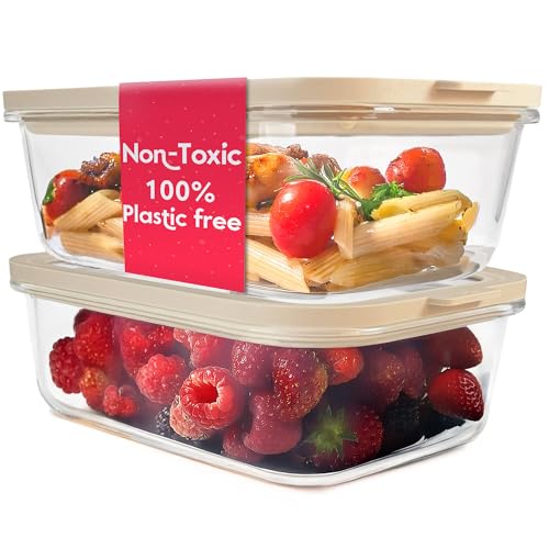 Non-Toxic Glass Food Containers with Lids, 2-Pack, 50 oz, Airtight, Beige - color: Beige, size: 50 Oz