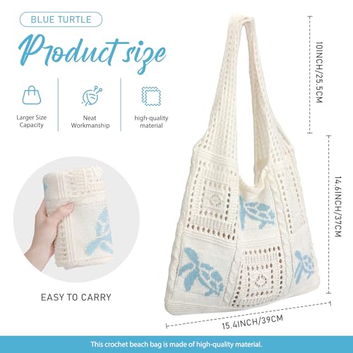 hatisan Crochet Bag for Women, Handmade Knit Beach Tote Bag Summer - color: Blue Turtle