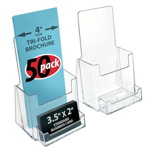 Azar Displays, 252922-50PK, Counter Trifold Brochure Holder with Horizontal Business Card Holder, Brochure Display Stand with Gift Card Pocket Flyer Holder Clear Card Display for Literature, 50-Pack - size: 50-Pack, style: Business Card Pocket