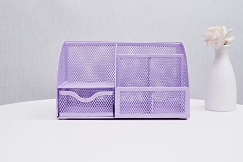 Annova Mesh Desk Organizer Office with 7 Compartments + Drawer/Desk Tidy Candy/Pen Holder/Multifunctional Organizer (Light Purple) - color: Light Purple