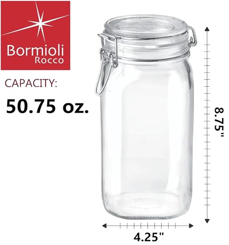 Bormioli Rocco Fido Squared Wide Mouth Glass Jar with Airtight Gasket Clamp Lid for Canning and Food Storage, Clear Top, 50.75 oz.