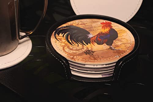 Vintage Rooster Coasters for Drinks with Holder Leather Coasters Set of 6 Table Decor Protect Furniture from Water Marks Scratch and Damage - color: Black3
