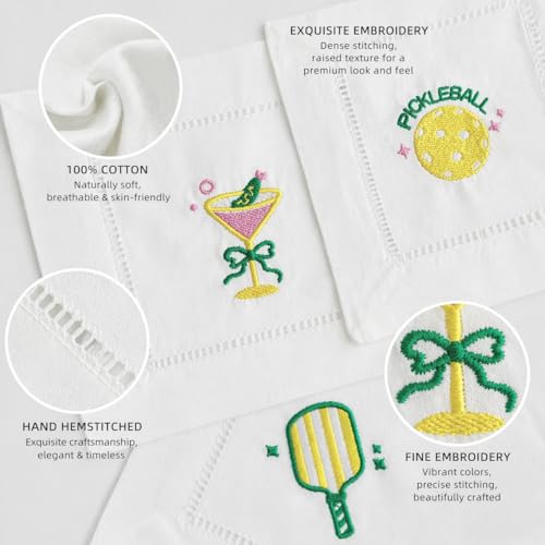 Embroidered Pickleball Cocktail Napkins Set of 4, Cotton White Cloth 6"x6" Reusable Mini Cloth Hemstitched Coasters Decorations for Birthday Pickle Ball Party Baby Shower