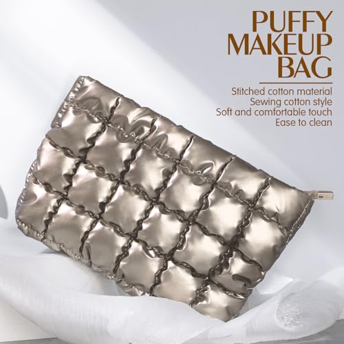Hillban Champaign Gold Puffy Quilted Makeup Bag for Women Gift, Classic - color: Champaign Gold, size: Classic