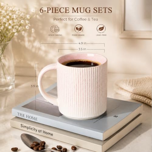 theterra Ceramic Coffee Mugs Set of 6, 14.2 oz Coffee Cups with Handle - color: Primrose Pink, size: 14 OZ (Set of 6)
