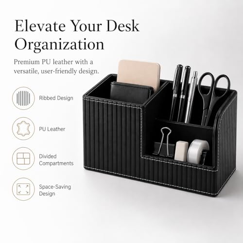 KINGFOM Desk Pen Organizer Office Supplies Caddy Pu Leather Multi-function Storage Box Pen/Pencil,Cell phone, Business Name Cards Remote Control Holder (Black) - color: Black