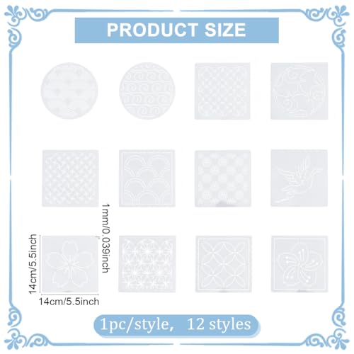 FREEBLOSS 12Pcs 5.5 * 5.5inch Plastic Sashiko Stencils Drawing Stencils Embroidery Patterns 12 Different Japanese Style Patterns Embroidery Templates for Hand Quilting - style: Flower, Weave and Bird