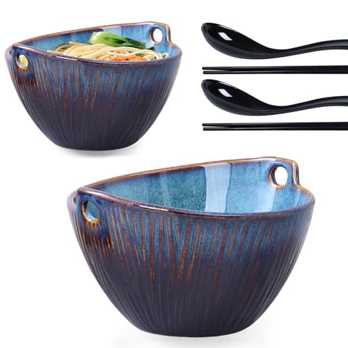 Ceramic Ramen Bowl with Chopsticks and Spoons Set, 6.7 Inch Noodle Bowl Set for Pho Udon Soba, Set of 2 (Sky Blue) - color: Sky Blue