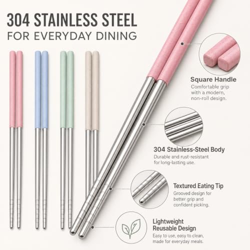 304 Stainless Steel Chopsticks, 4 Pairs, Multicolor, Non-Slip