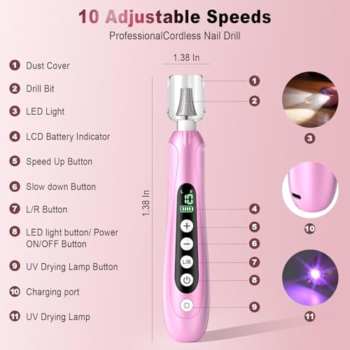Electric Nail File Drill, 3000MAH Cordless Electric Nail Drill, Rose Pink