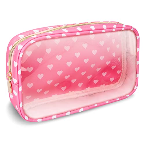 Small Clear Travel Makeup Organizer Bag for Purse, Preppy Makeup Bag Cute Cosmetic Zipper Pouch Purse, Transparent PVC & Nylon Waterproof Makeup Brush Bag Toiletry Storage for Women Girls(Pink Heart) - color: Pink Heart-Clear, size: Small