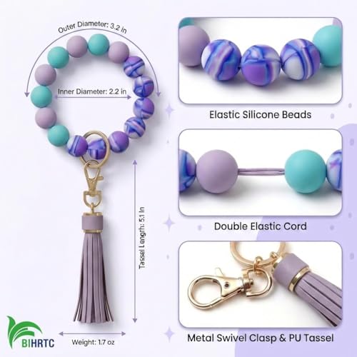 BIHRTC Key Ring Bracelet Car Keychain Holder Wristlet Silicone Women Beaded Bangle Chains - color: Purple Wavy