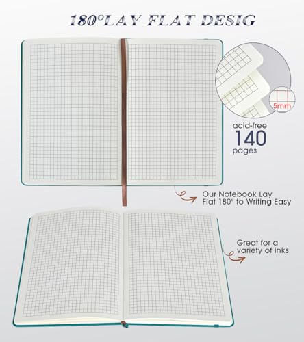 Biuwory A5 Hardcover Graph Paper Notebook, Grid Leather Journal for Writing - color: Blue, size: Squared-140 Pages (5.7"×8.3")