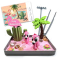 Mini Zen Garden for Desk - Cute Pink Flamingo Decor & Sand Tray Therapy Kit with Cactus Pen Holder. Funny Positive Flamingo Gifts for Women, Relaxing Office Desk Accessories (5.7"x4.1")