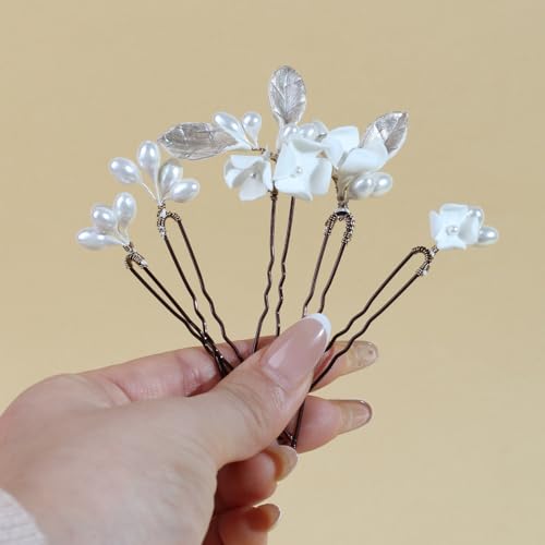 Handmade Pearl Bridal Wedding Hair Pins 6Pcs White Ceramic Flowers Gold Leaf Pearls Clips Wedding Hair Accessories for Women Brides Bridesmaid (Set-C-Bronze) - color: Set-C-Bronze
