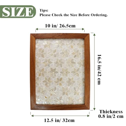 42x32CM White Rectangle Mother of Pearl Inlay Serving Tray with Wood Border - color: White Floral