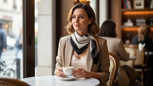 ANDANTINO 100% Mulberry Silk Scarf -Women 35" Square Hair Wraps-Gift Packed - color: Black&ivory Polka Dots