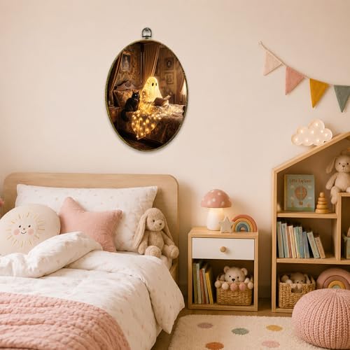 Glowing Ghost Black Cat Oval Wall Art, Framed Canvas Decor, 8.5x11.5 Inch - color: Lit Ghost Read Book With Black Cat