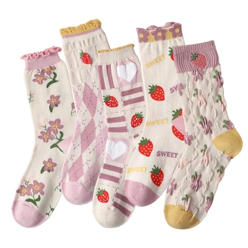5/6 Pair Crew Socks for Women Floral Socks - color: Pink, Red