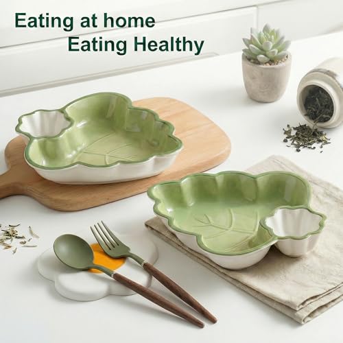 Leaf Shaped Ceramic Serving Platter Set of 2, Divided Snack & Appetizer Dish for Chip and Dip, Sauces, Fries, Tapas, Fruit and Dessert
