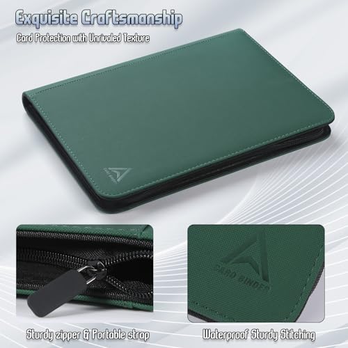 9 Pocket Card Binder - 540 Capacity with Zip Closure Premium, Double-Sided,Sturdy & Sleek PU Leather Protector for MTG, TCG, Sport & Collectible Cards (green) - color: green