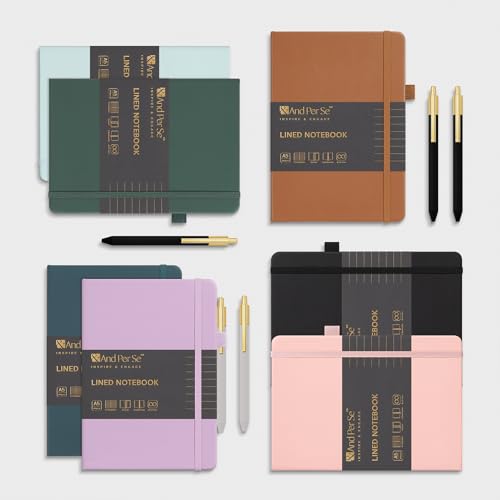 &And Per Se Lined Journal and Pen Set (3 Packs), A5 Leather Hardcover Notebook with Pen & Stationary Set, 160 Pages 100GSM Thick Ruled Paper Journal for Business Work Writing (Green-Blue-Brown) - color: Green-Blue-Brown