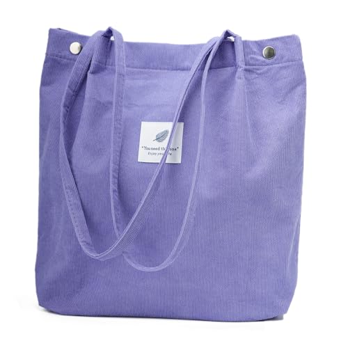 Corduroy Tote Bag Cute Tote Bags for Women Shoulder Bag with Inner Pocket for Work Beach Travel and Shopping Grocery - style: Purple
