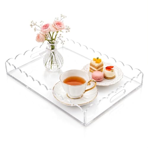Scalloped Clear Acrylic Serving Tray with Handles, 15 x 10 Inch - size: 15" x 10" x 2"