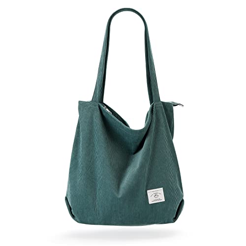 KALIDI Women Corduroy Tote Bag Zipper Casual Tote's Handbag Big Capacity Shoulder Bag with Pockets - color: Lake Blue
