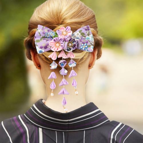 Umibow Japanese Kimono Flower Hair Clip Bowknot Tassel Hairpin Japanese Style Traditional Tsumami Kanzashi Hair Barrettes Hanfu Hair Pin Wedding Hair Accessories (Purple) - color: Purple