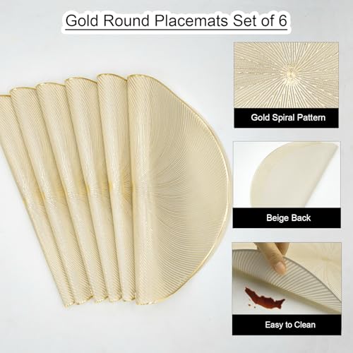 Gold Round Placemats Set of 6, 15 Inch Vinyl Place Mats - color: Gold Round