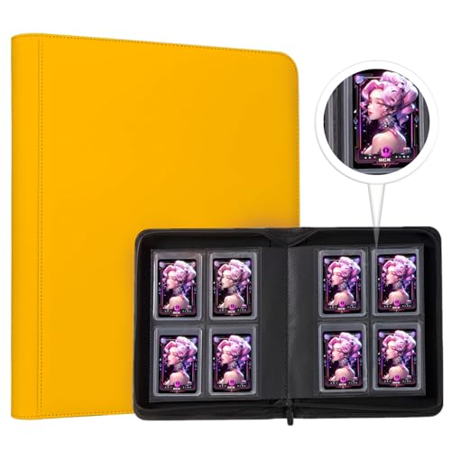 Toploader Binder,4-Pocket Double Sided Top Loaders Binder,Holds 128 Cards in 3"x4" Toploaders,PU Leather Card Binder Abulm for Toploader Trading,Sports,and Gaming Cards (Yellow) - color: Yellow