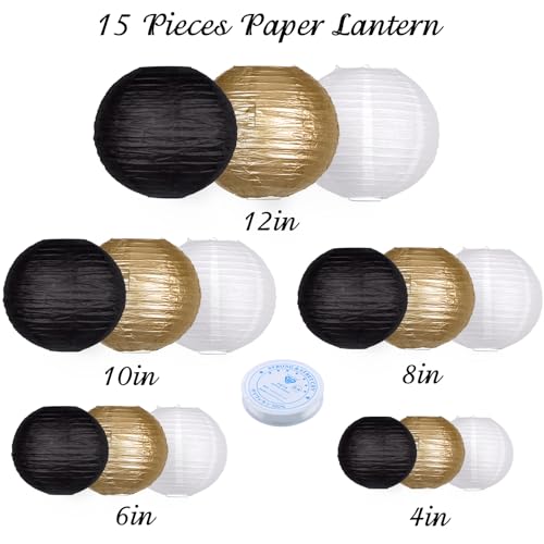 Paper Lanterns Party Decorations, 15 Pcs Black Gold White, 4-12 Inch - color: Black Gold
