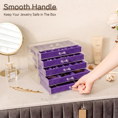 Frebeauty Acrylic Jewelry Box for Earrings,Jewelry Organizer with 5 Drawers - color: Purple