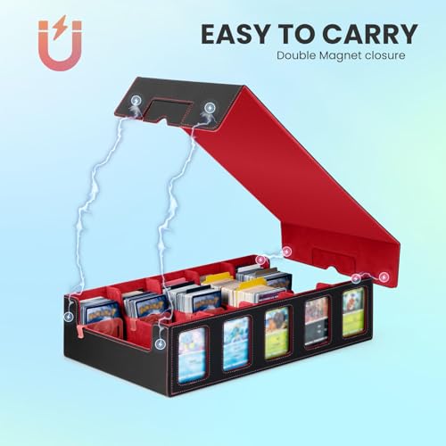 Trading Card Storage Box with Commander Display, 5-Row Deck Case with Removable Lid & Handle, 4000+ Card Organizer with 48 Colorful Dividers & 5 Stoppers for MTG, Black & Red - color: Black & Red, size: 4000+, with Handle