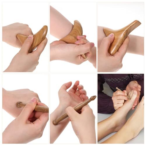 Sandalwood Massage Tools 2 Pcs Triangle Gua Sha Board & Acupressure Stick Ergonomic Massager Wood Stick for Foot, Head, Neck, Hands, Legs