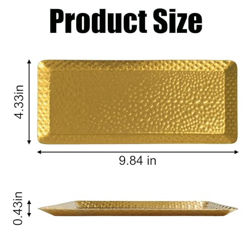 Hammered Rectangular Platter Serving Tray, Gold Stainless Steel Decorative Storage Tray, 9.8 x 4.3 Inch
