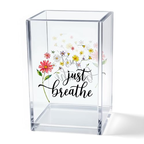 Just Breathe Acrylic Cosmetic Pencil Pen Holder Cup, Inspirational Dandelion Desk Organizer Accessories for Home Office Decor, Encouragement Gifts for Women Girl Coworker Daughter Yoga Teacher - style: Breathe C