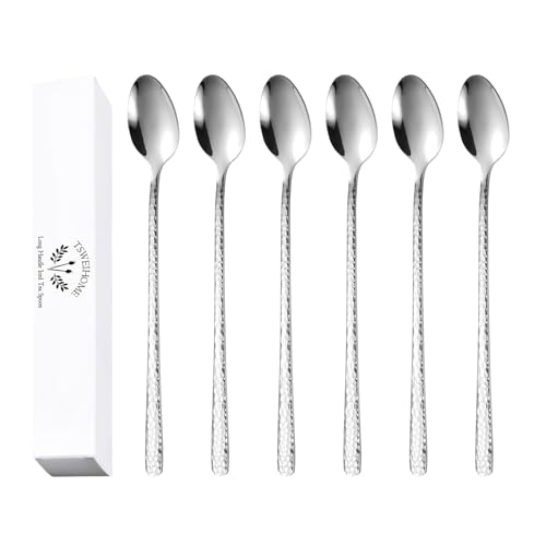 8.4-Inch Hammered Ice Tea spoon Long Handle, Coffee Spoon, Ice Cream spoons, Stainless Steel Cocktail Stirring Spoons, Tea spoon，Set of 6 - color: Silver