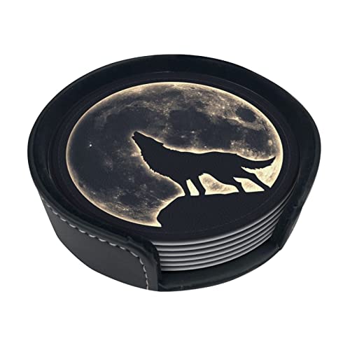 6 Pcs Leather Coasters for Drinks with Holder Howling Wolf Full Moon Coaster Sets Drink Table Cup Coasters for Kitchen Coffee Decor - color: Full Moon Wolf