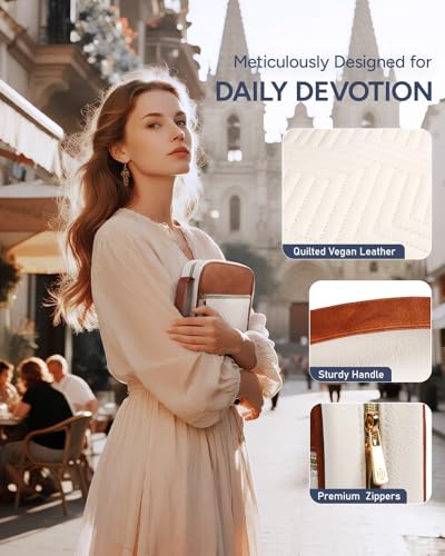 BellaHold Bible Cover Case for Women Quilted Bible Case with Handle Strap - color: White & Brown, size: XL