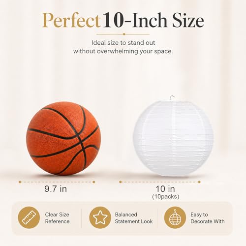 LIHAO 10 Inch White Round Paper Lanterns, 10-Pack - size: 10 Inch