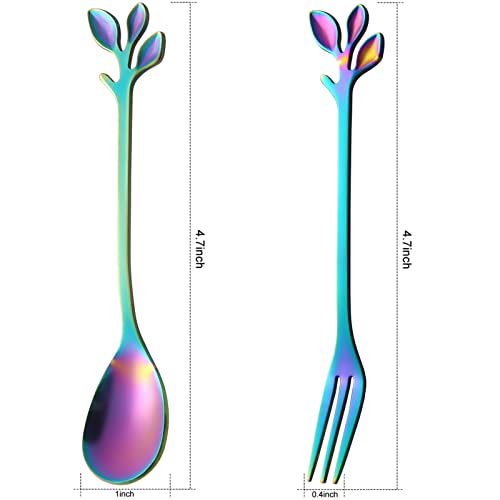 AnSaw 10-Pc Rainbow Mini Spoons & Forks Set, 4.7" - Leaf Handle - color: Rainbow