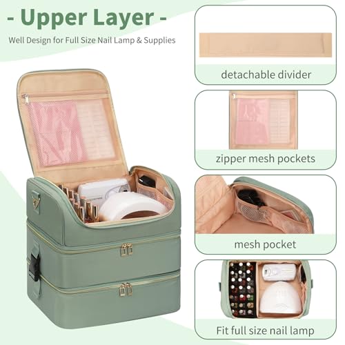 CUBETASTIC Nail Polish Organizer Case, Nail Supplies Storage Box Holds 117 Bottles Nail Polish & Nail Lamp, Travel Nail Tech Carrying Case, Nail Kit Bag For Nail Stuff & Manicure Tools - color: Green, size: 117 Slots
