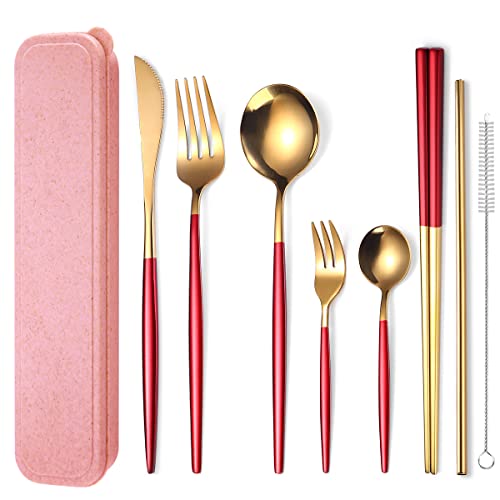 AARAINBOW 8 Pieces Stainless Steel Flatware Set Portable Reusable Cutlery Set Travel Utensils Set Including Chopsticks Knife Fork Spoon Straws Cleaning Brush Dishwasher Safe (Red Golden) - color: Red Golden