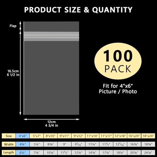 AUEAR 4"x6" Crystal Clear Plastic Sleeves Storage Bags for Picture 100Pack - size: 4 x 6 inches