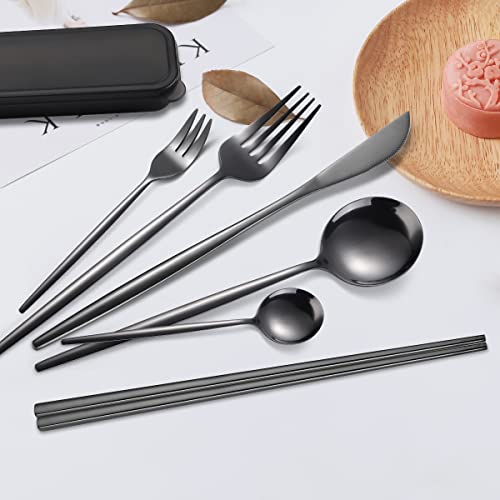 AARAINBOW 8 Pieces Stainless Steel Flatware Set Portable Reusable Cutlery Set Travel Utensils Set Including Chopsticks Knife Fork Spoon Straws Cleaning Brush Dishwasher Safe (Black) - color: Black