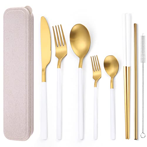 AARainbow 8 Pieces Stainless Steel Flatware Set Portable Reusable Cutlery Set Travel Utensils Set Including Chopsticks Knife Fork Spoon Straws Cleaning Brush Dishwasher Safe (B-White Golden) - color: B-White Golden