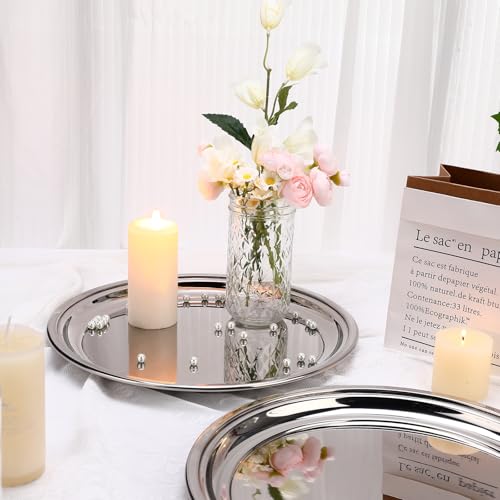 Lemonroad 2 Set Round Silver Mirror Serving Tray 11.81 Inches - size: 11.81 Inches